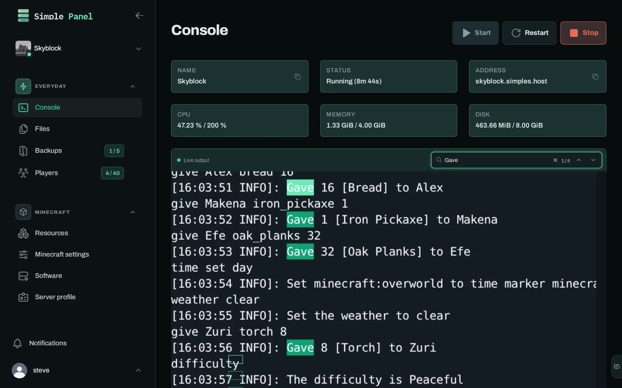 The Simple Servers console with a search term typed into its search box, four matches highlighted in the output and the count reading one of four.