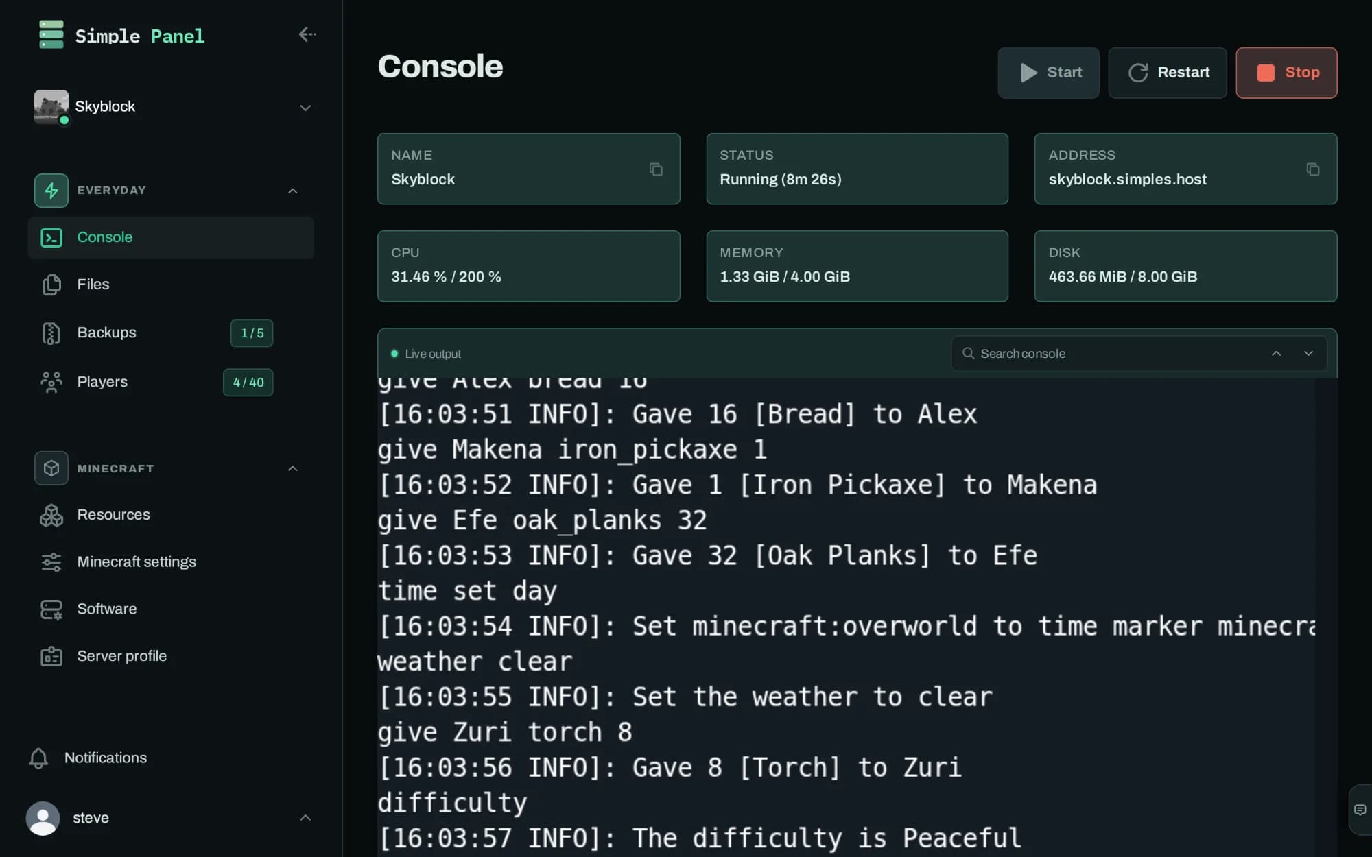 The Simple Servers panel console: live output from a running Minecraft server, with processor, memory and disk use above it and start, restart and stop buttons.