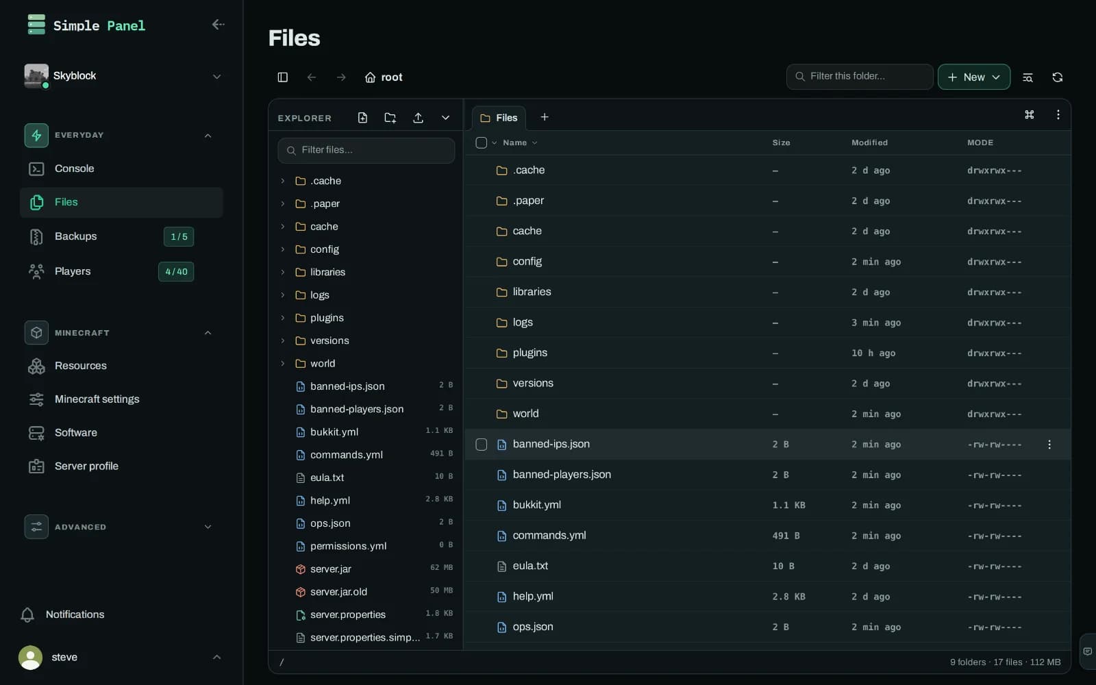 The Simple Servers file workspace with the explorer tree open beside the folder listing, showing a Minecraft server's files with sizes, modified times and permissions.