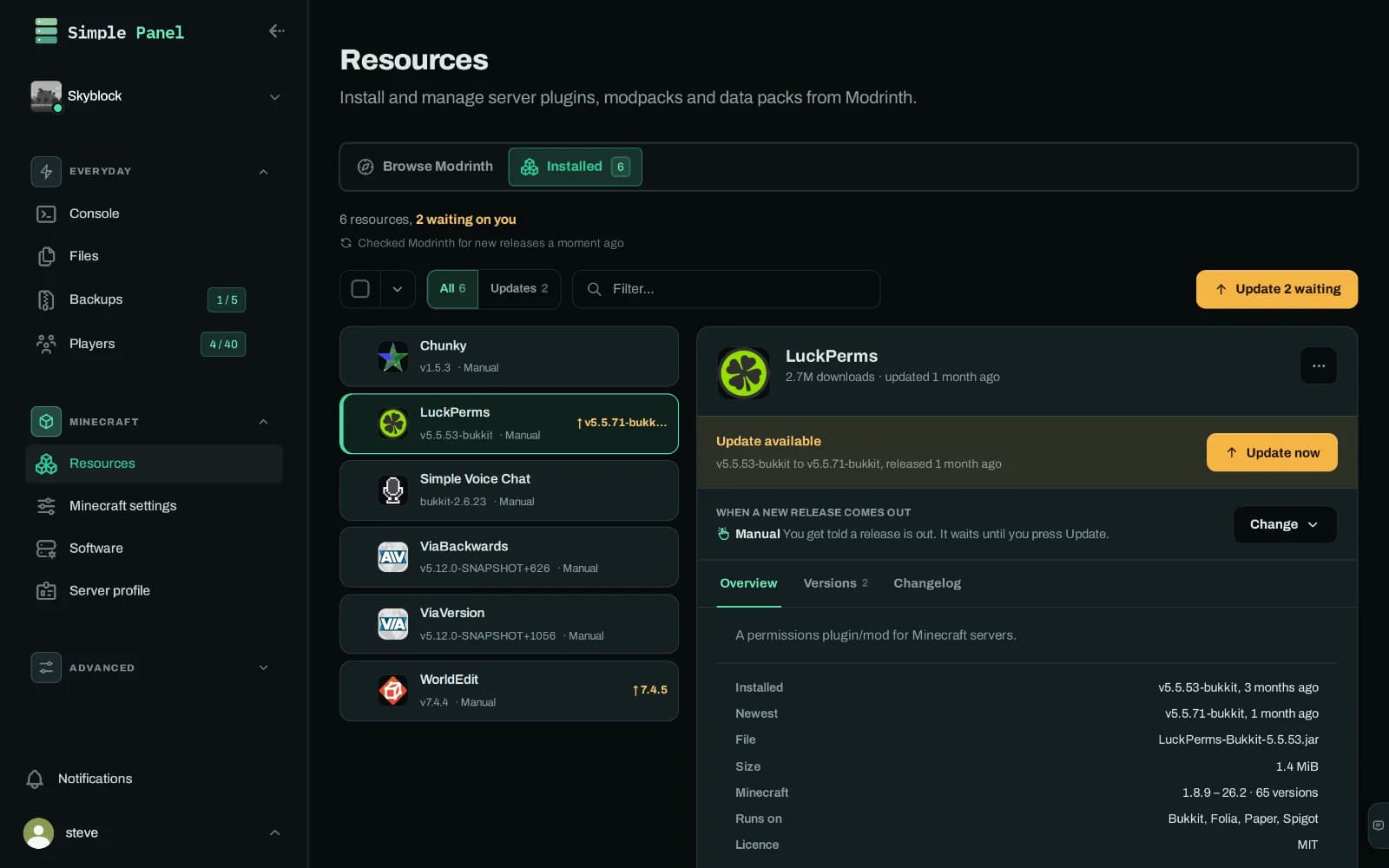 The installed plugins list in the Simple Servers panel with LuckPerms opened beside it, showing an update waiting, the release it would move to, and how that plugin handles new releases.