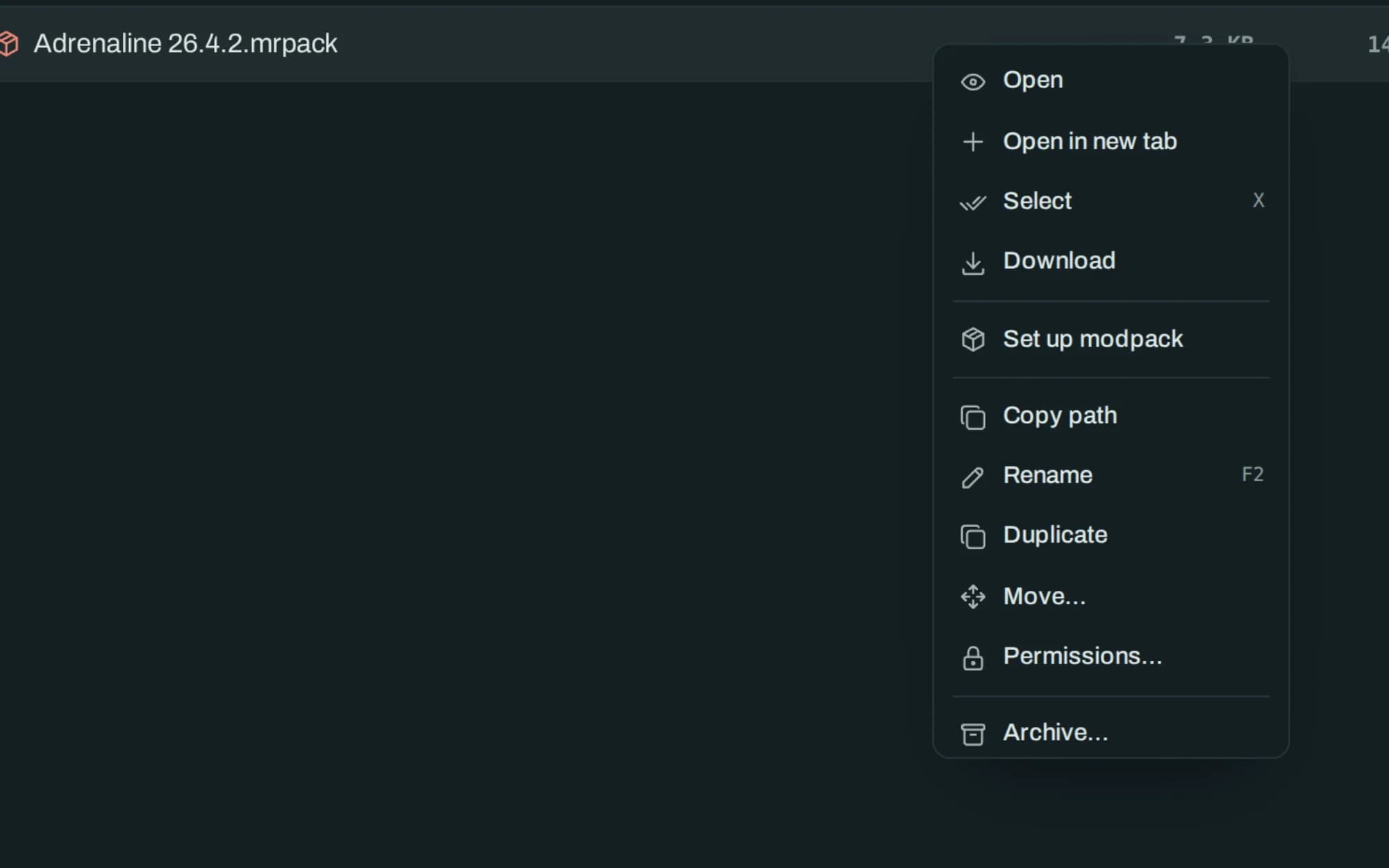 A right-click menu open on a .mrpack file in the Simple Servers file workspace, with a Set up modpack entry among the ordinary file actions.
